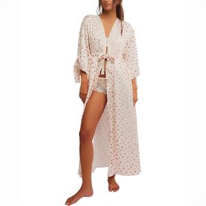 Intimately Free People First Blush Maxi Robe Cherry Heart Ivory Lace Trim S NWT
